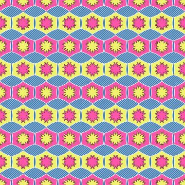 Geometrik şekillerin soyut deseni, dekoratif çiçekler. Kusursuz vektör çizimi. Duvar kağıdı, resim dolgusu, web sayfası, arkaplan, yüzey için kullanılabilir.