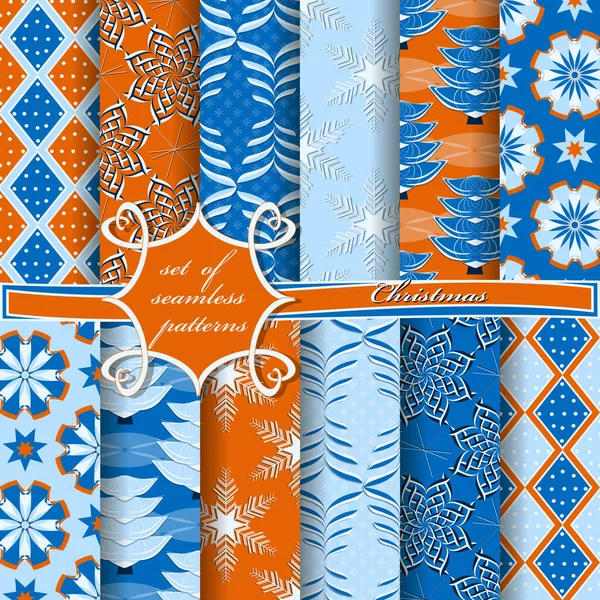 Arbres Noël Décoratifs Motifs Abstraits Flocons Neige Étoiles Ensemble Illustrations — Image vectorielle