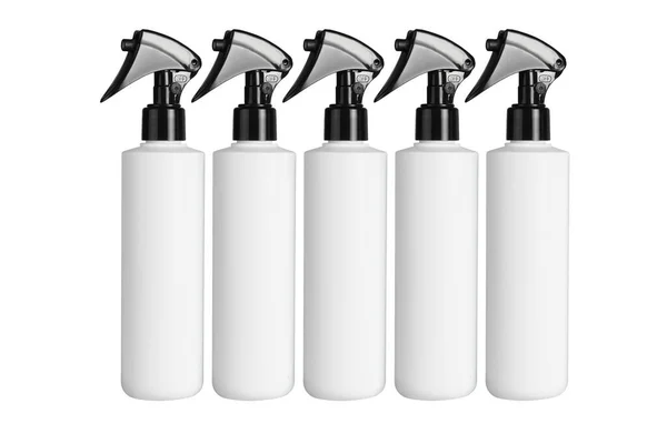 Row Plastic Spray Bottles White Background — Stock Photo, Image