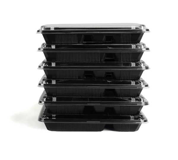 Stack Takeaway Black Plactic Containers Sur Fond Blanc — Photo