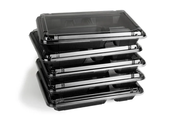 Stack Black Plastic Takeaway Containers White Background — Stock Photo, Image