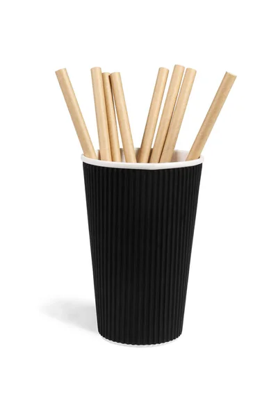 Brown Paper Straws Black Cup Fundo Branco — Fotografia de Stock