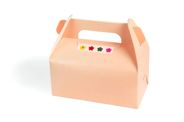 Caja Pastel Para Llevar Con Etiqueta Engomada Fondo Blanco — Foto de Stock