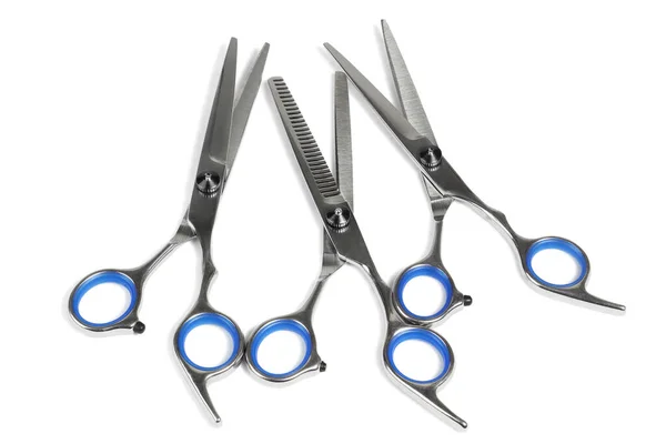 Three Pairs Barber Scissors White Background Stock Image