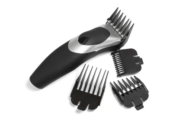 Electic Hair Trimmer Και Ποικιλία Πλαστικών Combs Λευκό Φόντο Εικόνα Αρχείου