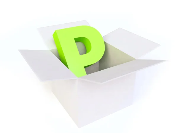 Groene brief p in witte doos — Stockfoto