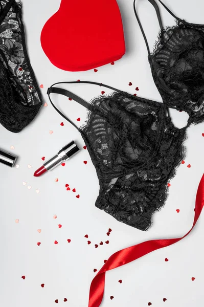 Encaje Sexy Ropa Interior Mujer Negra Caja Regalo Roja Forma — Foto de Stock
