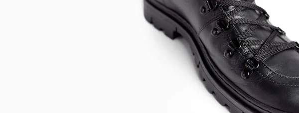 Μοντέρνο Νεανικό Μαύρο Δέρμα Μπότες Φθινόπωρο Λευκό Φόντο Επίπεδη Θέσει — Φωτογραφία Αρχείου