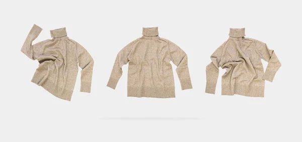 배경에 터틀넥 날아오르는 베이지 스웨터 스타일 모크를 스웨터 넥이야 — 스톡 사진