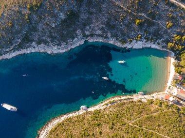 aerial view of beautiful beach on island of sveti stefan from drone. top panoramic shot