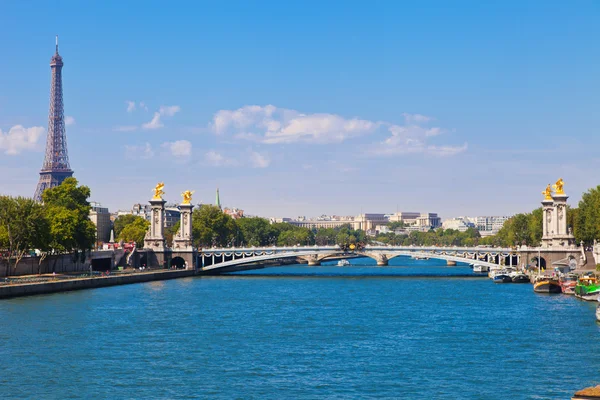 Vista en la Torre Eiffel y uno de los puentes de París Imágenes de stock libres de derechos