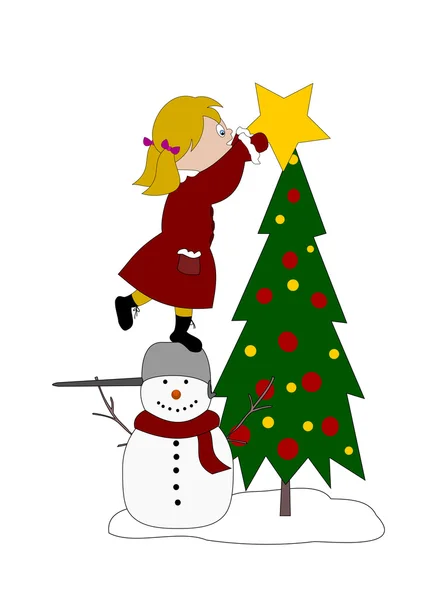 Fille décorant le sapin de Noël — Image vectorielle
