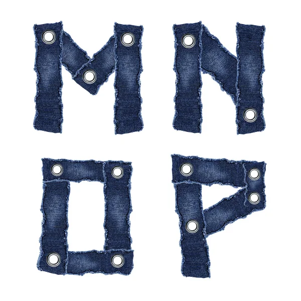 M, n, o, p, -Alfabetletters van jeans stof — Stockfoto