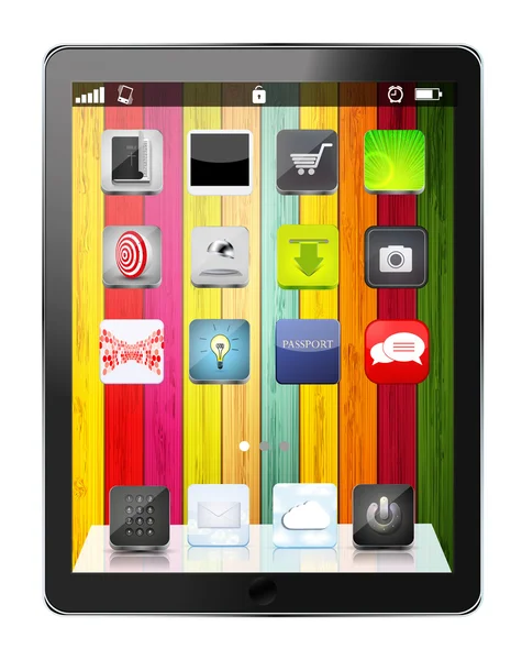 Vektor realistisches Computer-Tablet mit App-Symbol auf buntem Holzhintergrund — Stockvektor