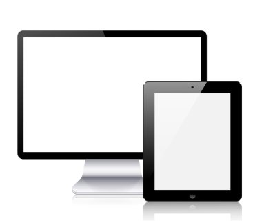 gerçekçi bilgisayar tablet ve beyaz arka plan bilgisayar monitöründe vektör. eps10
