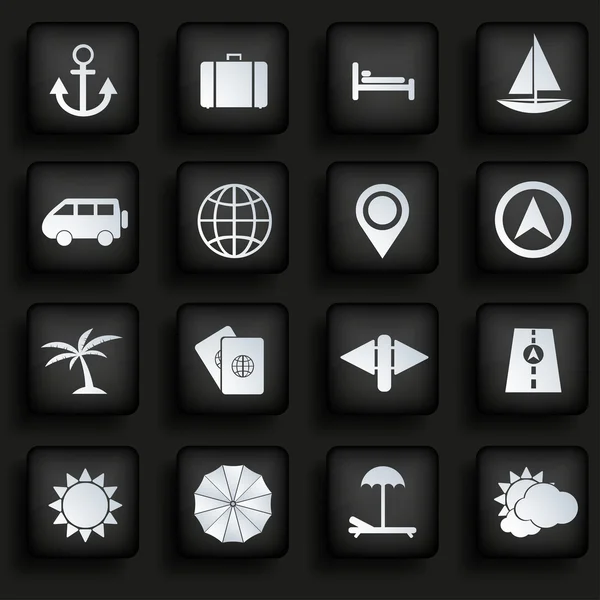 Icônes de voyage sur fond noir . — Image vectorielle