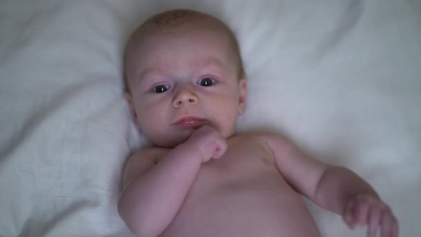 Little caucasian newborn baby lying at the back in the child crib. — Stockvideo