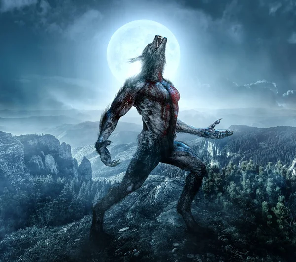 3d illustration of black werewolf with moon and forest