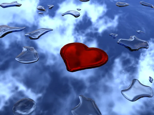 Kırmızı kalp gökyüzü ayna su — Stok fotoğraf