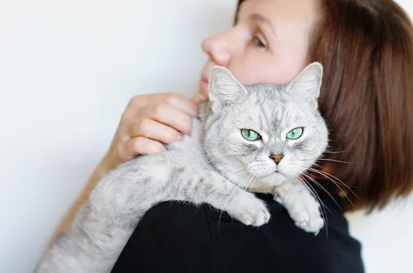 Mulher segurando gato cinza — Fotografia de Stock