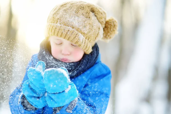 Anak Kecil Meniup Salju Dari Tangannya Anak Anak Menikmati Berjalan — Stok Foto