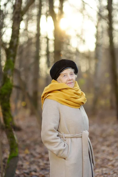 Ritratto Bella Donna Anziana Durante Una Passeggiata Nel Parco Autunnale — Foto Stock