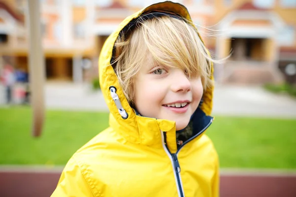 Cheerful Little Boy Yellow Jacket Enjoying Walking Spring Day Active — Stockfoto