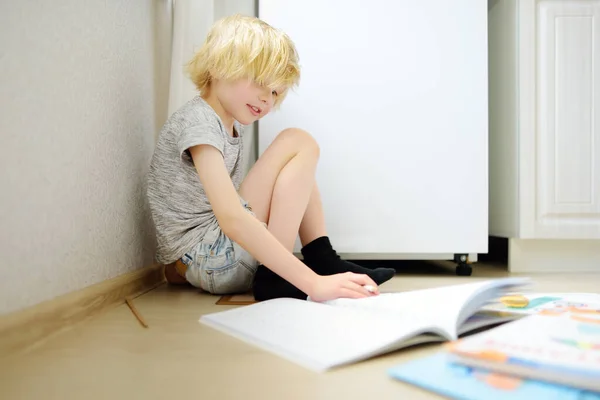 Elementary Student Boy Doing Homework Floor Home Child Learning Doing — стоковое фото