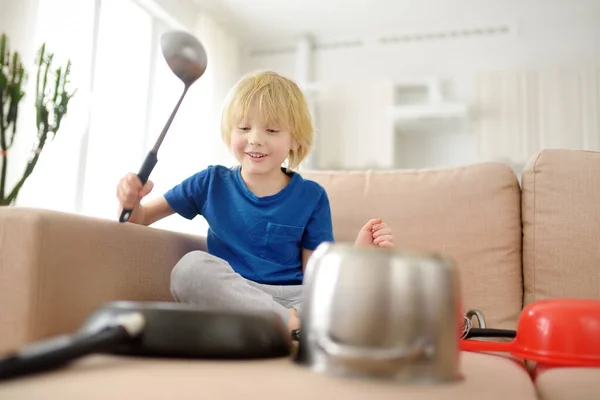 Mischievous Preschooler Boy Play Music Using Kitchen Tools Utensils Home — Stock Photo, Image