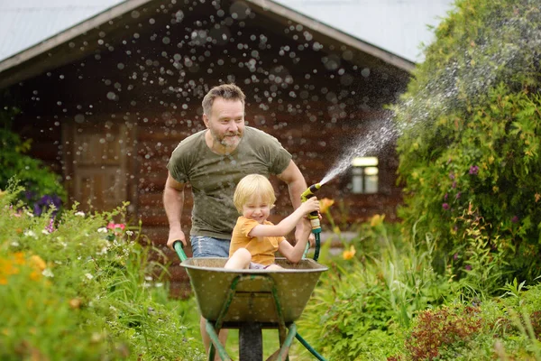Šťastný Malý Chlapec Baví Kolečku Tlačí Táta Domácí Zahradě Teplého — Stock fotografie