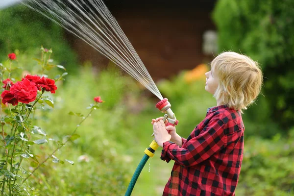 Lustiger Kleiner Junge Gießt Pflanzen Und Spielt Mit Gartenschlauch Mit — Stockfoto