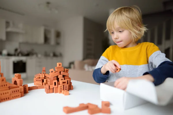 Preschooler Boy Playing Real Small Clay Bricks Table Home Child — Stock Photo, Image
