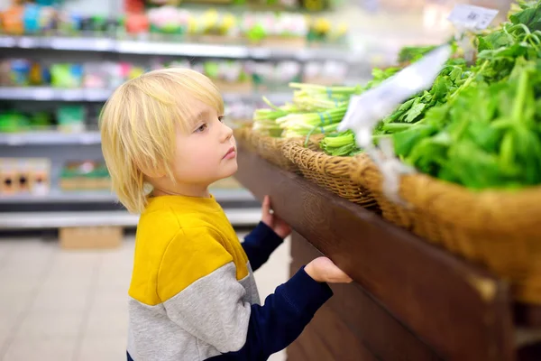 Menino Bonito Uma Loja Alimentos Supermercado Escolhendo Verde Orgânico Fresco — Fotografia de Stock