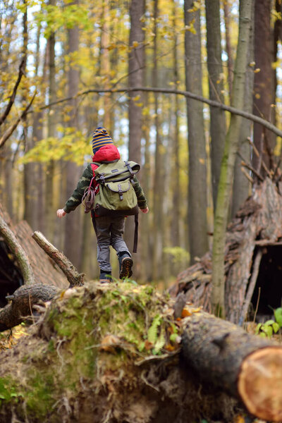 Little boy scout during hiking in autumn forest. Behind the child is teepee hut. Concepts of adventure, scouting and hiking tourism for kids.