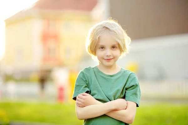 Cheerful Little Boy Enjoying Warm Sunny Summer Day Holidays Active — Stock Photo, Image