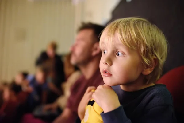 Cute Little Boy His Father Watching Cartoon Movie Cinema Performance — Foto Stock