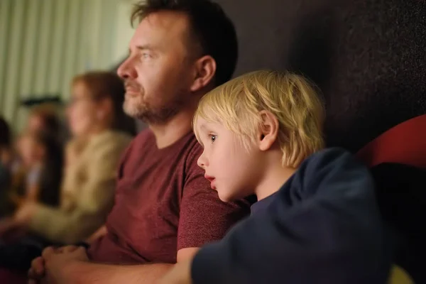 Cute Little Boy His Father Watching Cartoon Movie Cinema Performance — Stock Photo, Image