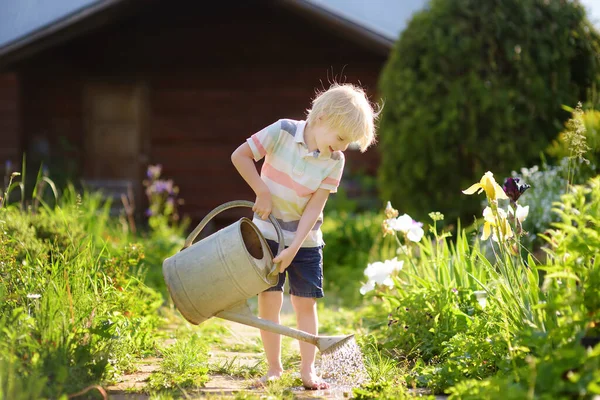 Cute Little Boy Watering Plants Garden Summer Sunny Day Mommy — Foto Stock