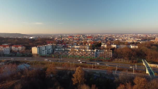 Krakov Polsko Prosince 2021 Úžasný Panoramatický Pohled Letoun Západu Slunce — Stock video
