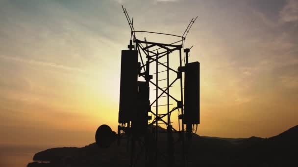 Amazing Closeup Sunset Drone View Silhouette Cell Tower Wireless Connection — Vídeo de Stock