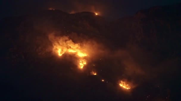 Hoge Iso Luchtfoto Van Wildvuur Bergen Nachtzicht Brandende Bomen Gras — Stockvideo