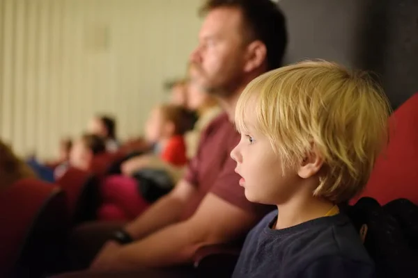 Cute Little Boy His Father Watching Cartoon Movie Cinema Performance — Fotografia de Stock