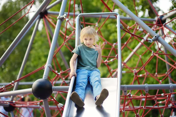 Cute Little Boy Having Fun Outdoor Playground Spring Summer Autumn — Stock Photo, Image