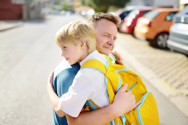 Little Boy Says Goodbye Hugging His Father Going School Dad — Photo