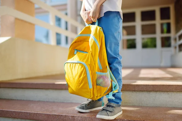 Little Student Backpack Steps Stairs School Building Close Child Legs — Stockfoto