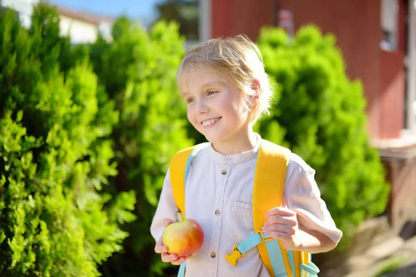 Cute Little Schoolboy Joyfully Goes School Holiday Child Yard Schoolhouse — Stock Fotó