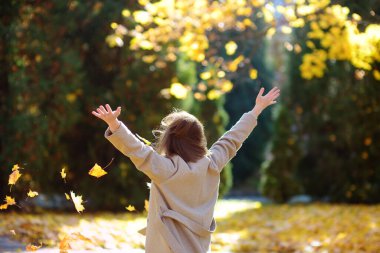 Young woman is having fun while walking through the forest on a sunny autumn day. Girl plays with maple leaves and throws them up. Fallen leaves rustle.