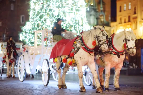 Krakow Poland December 2021 Decorated Carts Horses Waiting Tourists Traditional — Zdjęcie stockowe