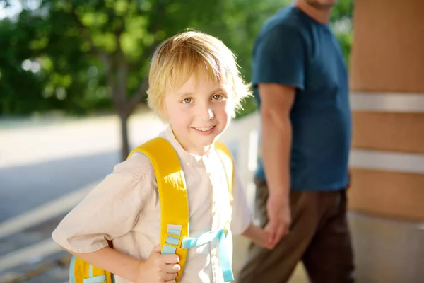 Little Schoolboy His Father Goes School Summer Holiday Parent Accompanies — стоковое фото