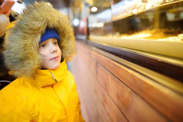 Child Chooses Sweets Traditional Street Christmas Market Krakow Poland Famous — Stock Fotó